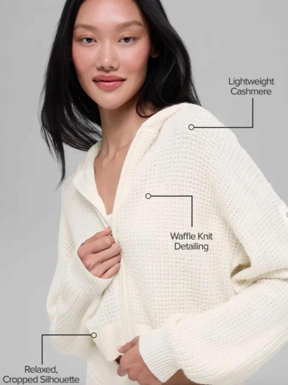 ALO Cashmere Plush Waffle Full Zip Hoodie, Ivory, size S